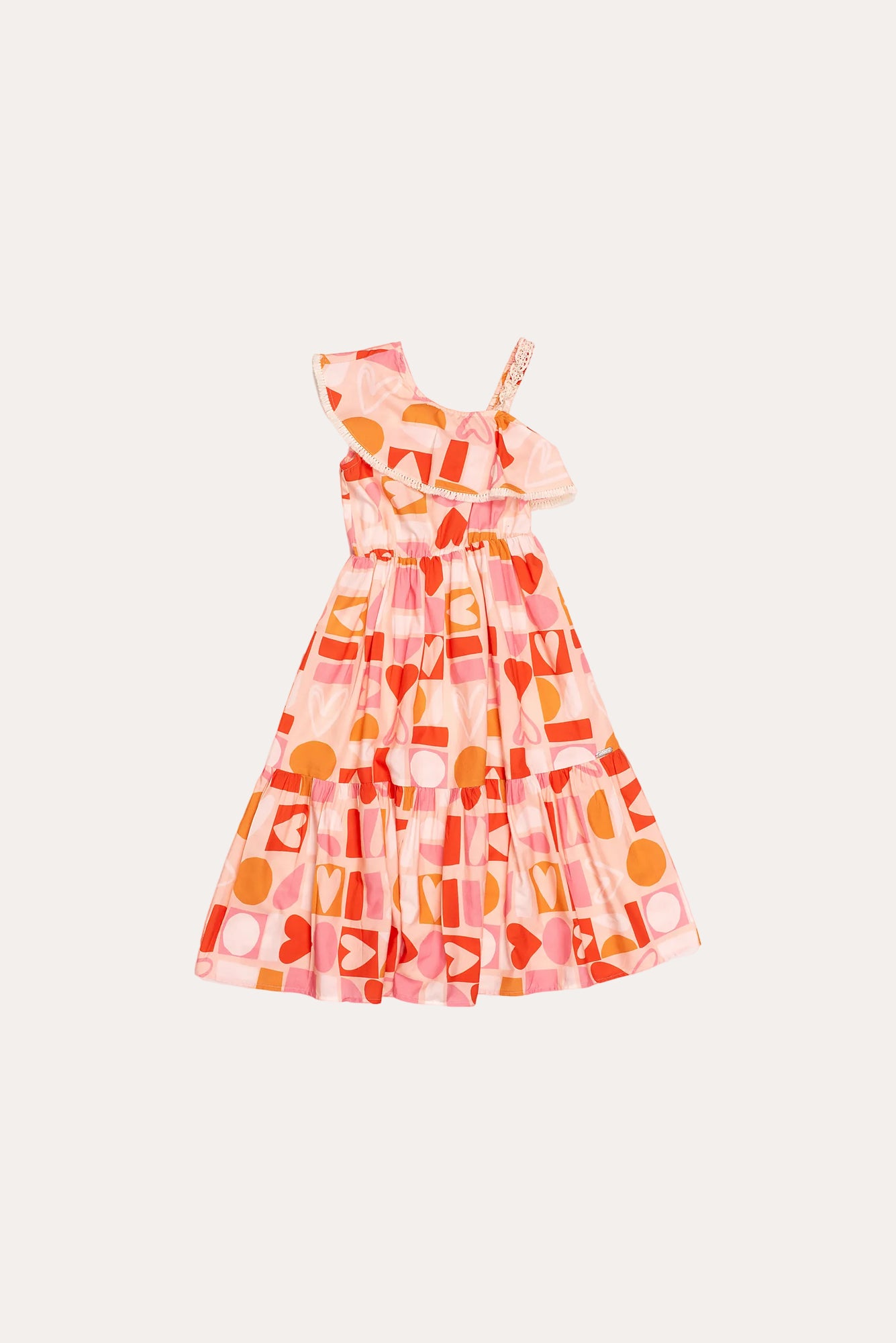 Vestido midi feminino infantil com estampa de corações e formas geométricas em rosa e laranja