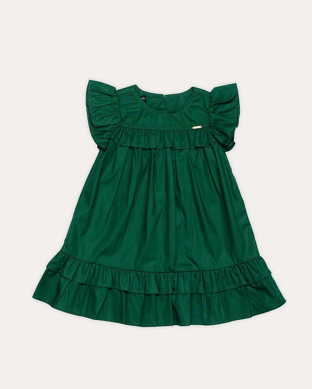 Vestido infantil com mangas bufantes e saia ampla, detalhe em babados