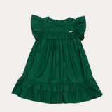 Vestido infantil com mangas bufantes e saia ampla, detalhe em babados