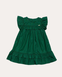 Vestido infantil com mangas bufantes e saia ampla, detalhe em babados