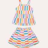 Conjunto infantil feminino com blusa de alças e saia curta listrada em cores vibrantes
