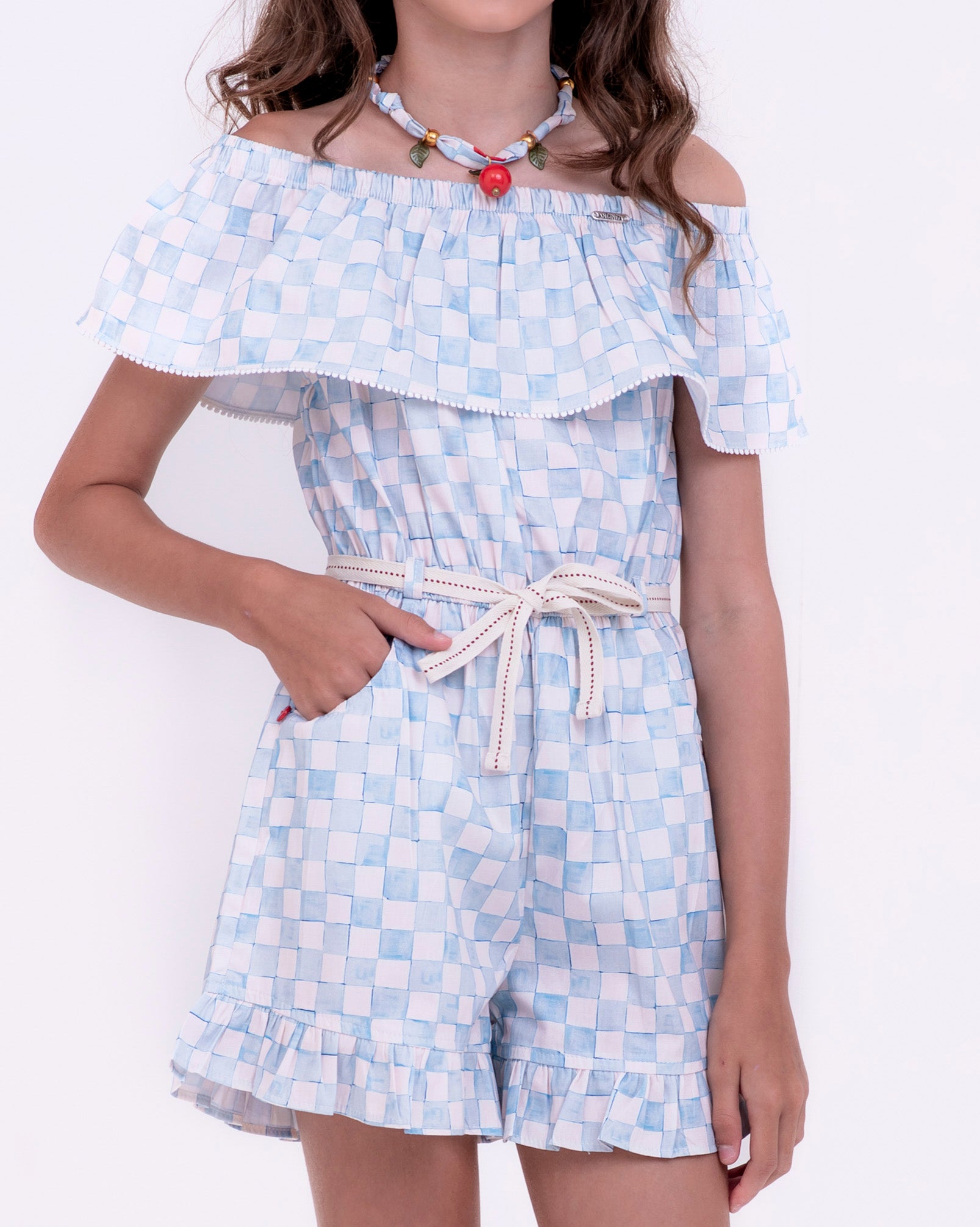 Macacão com estampa Vichy Cherry infantil feminino Antonita para meninas de 10 a 16 anos