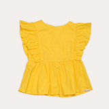 Blusa feminina infantil com mangas amplas e caimento leve, detalhes franzidos.