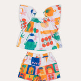Conjunto infantil feminino com blusa de mangas amplas e short estampado de frutas coloridas