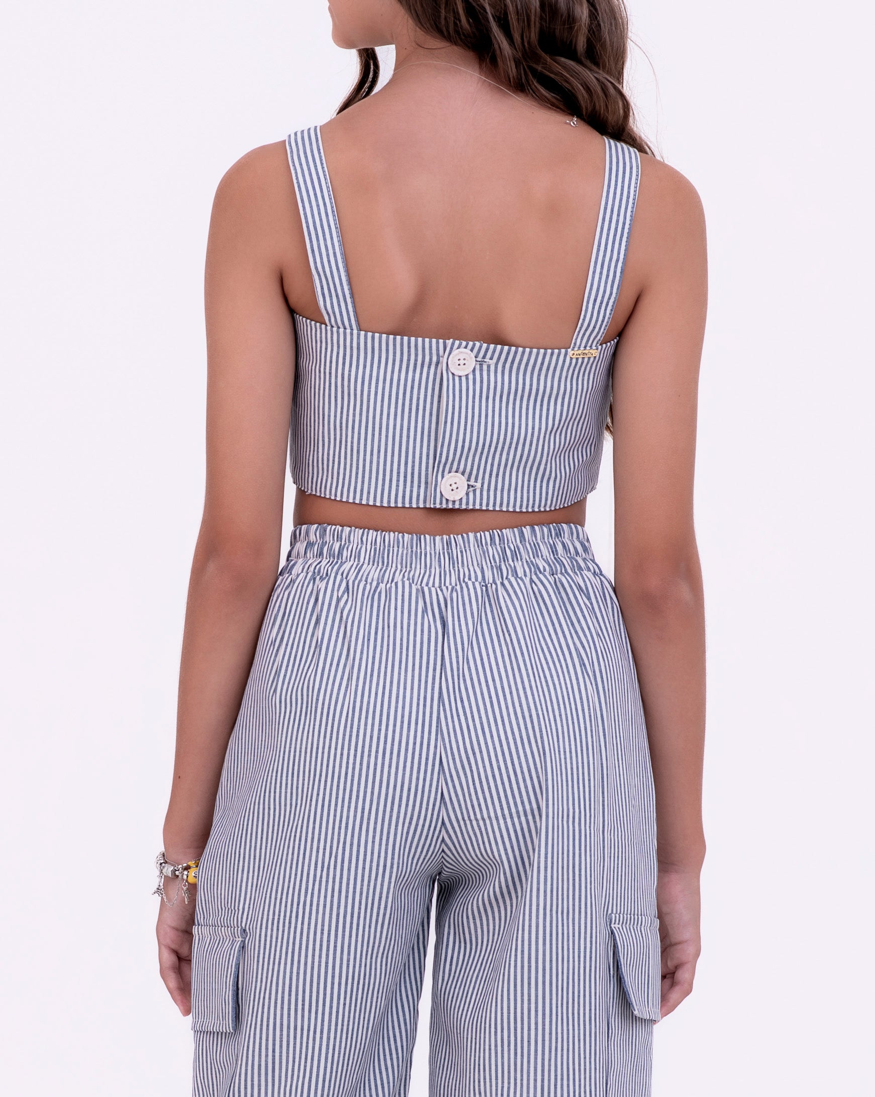 Conjunto de calça listrada com blusa de alças infantil feminino Antonita para meninas de 10 a 16 anos