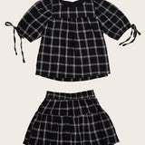 Conjunto xadrez com blusa de mangas bufantes e saia infantil feminino Antonita para meninas