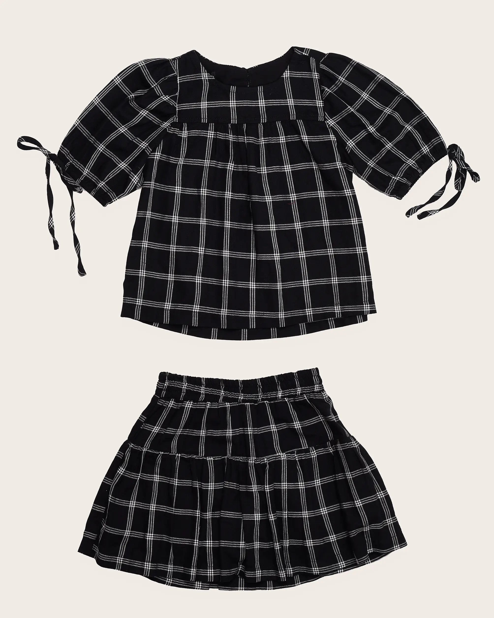 Conjunto xadrez com blusa de mangas bufantes e saia infantil feminino Antonita para meninas