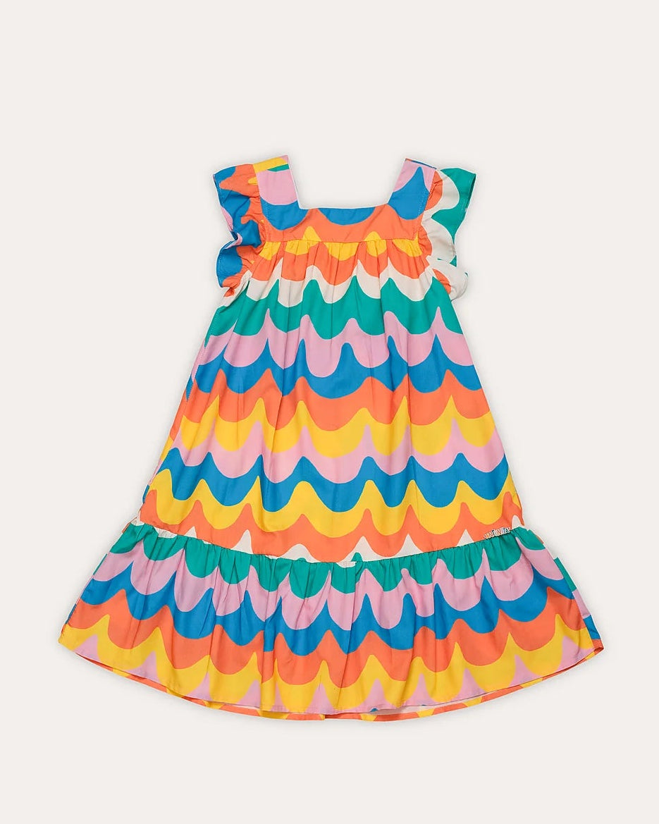 Vestido infantil feminino com estampa de ondas coloridas e alças largas