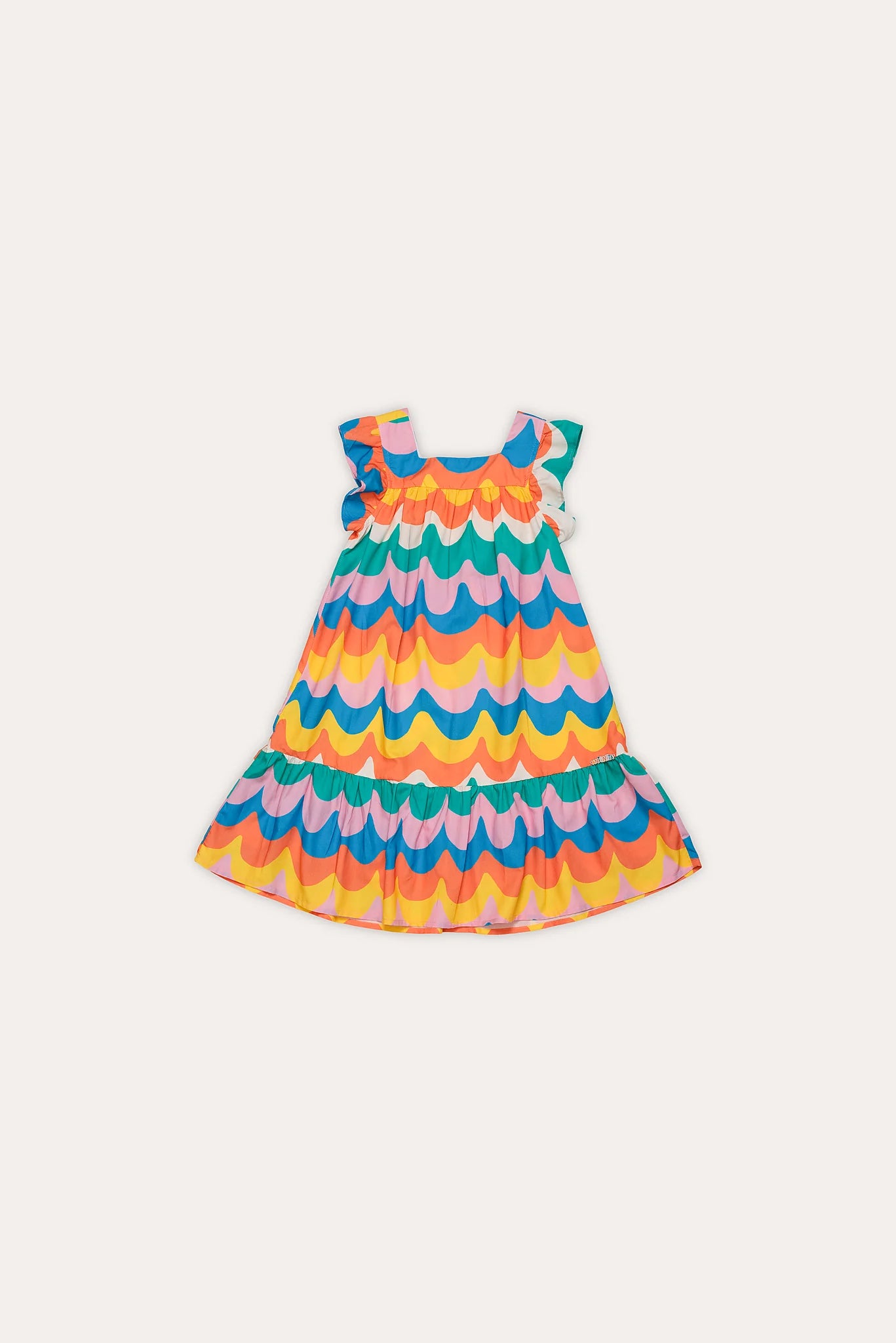 Vestido infantil feminino com estampa de ondas coloridas e alças largas