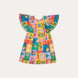 Vestido infantil feminino com estampa colorida de quadrados e flores, mangas bufantes