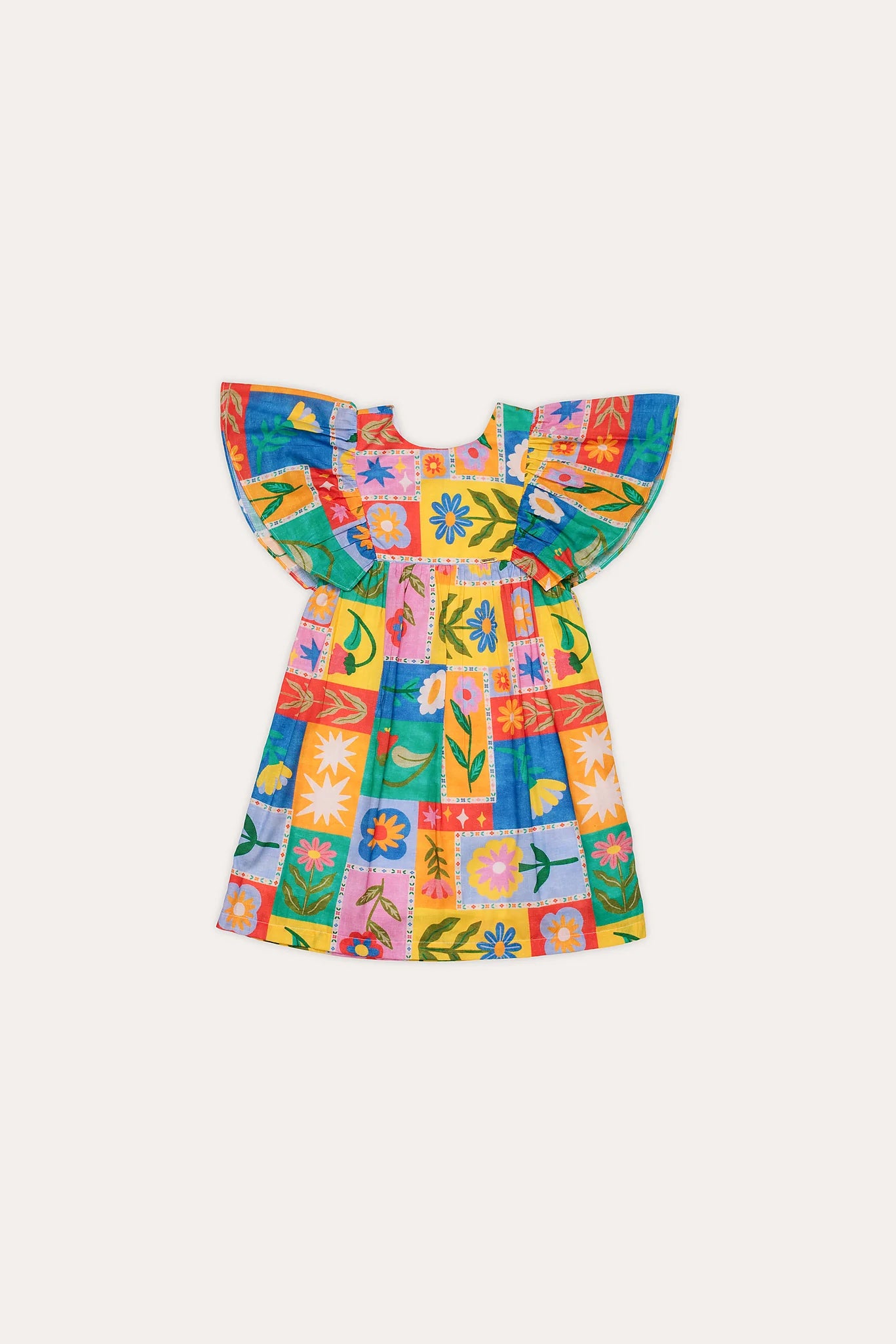 Vestido infantil feminino com estampa colorida de quadrados e flores, mangas bufantes