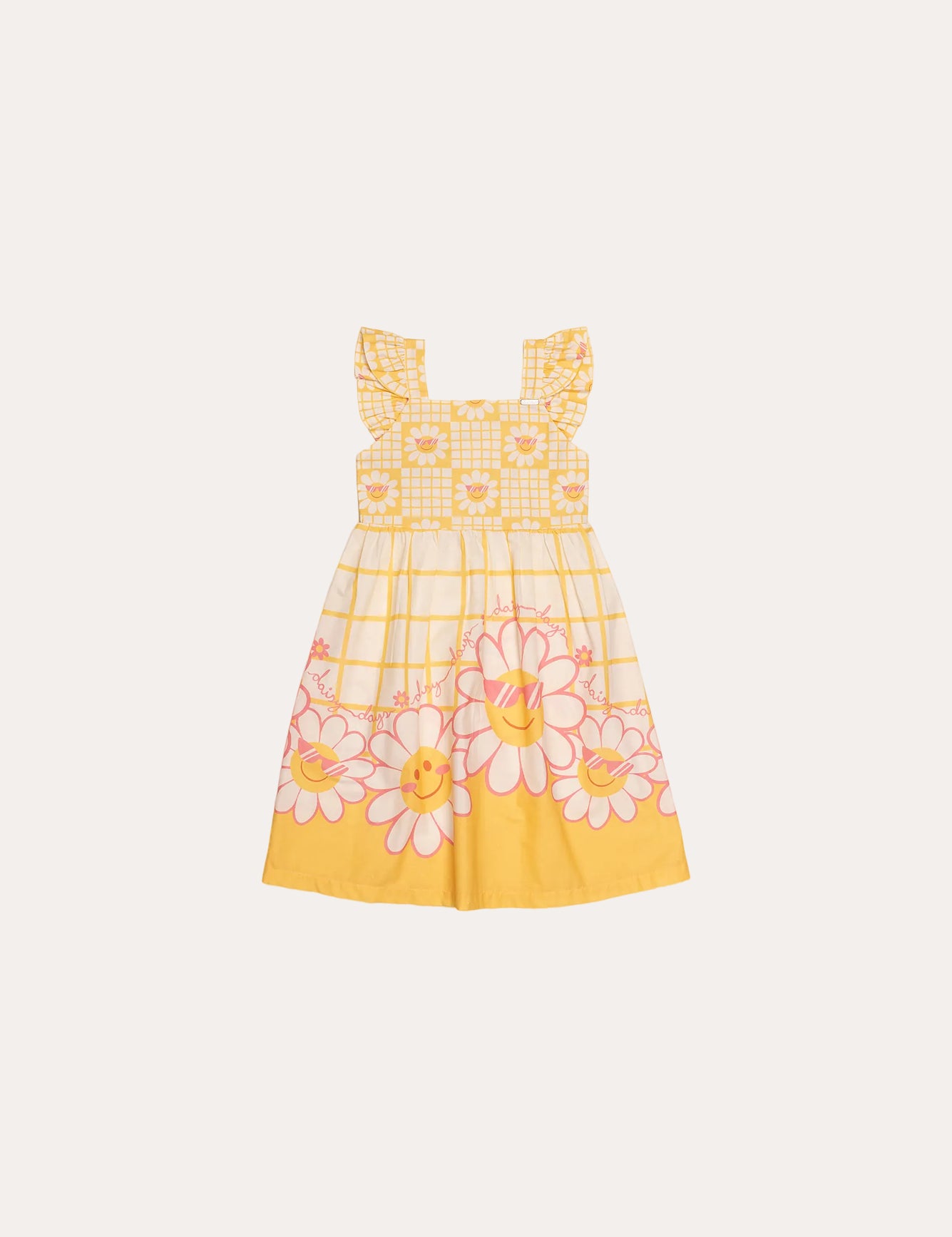 Vestido infantil amarelo com estampa floral e alças largas, detalhe em babados na barra