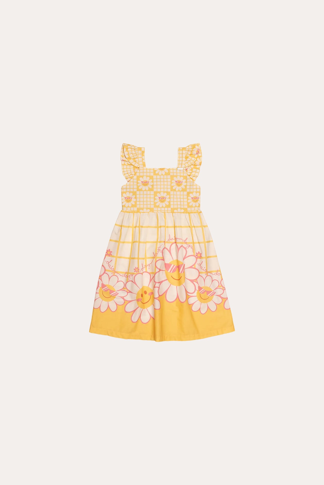 Vestido infantil amarelo com estampa floral e alças largas, detalhe em babados na barra