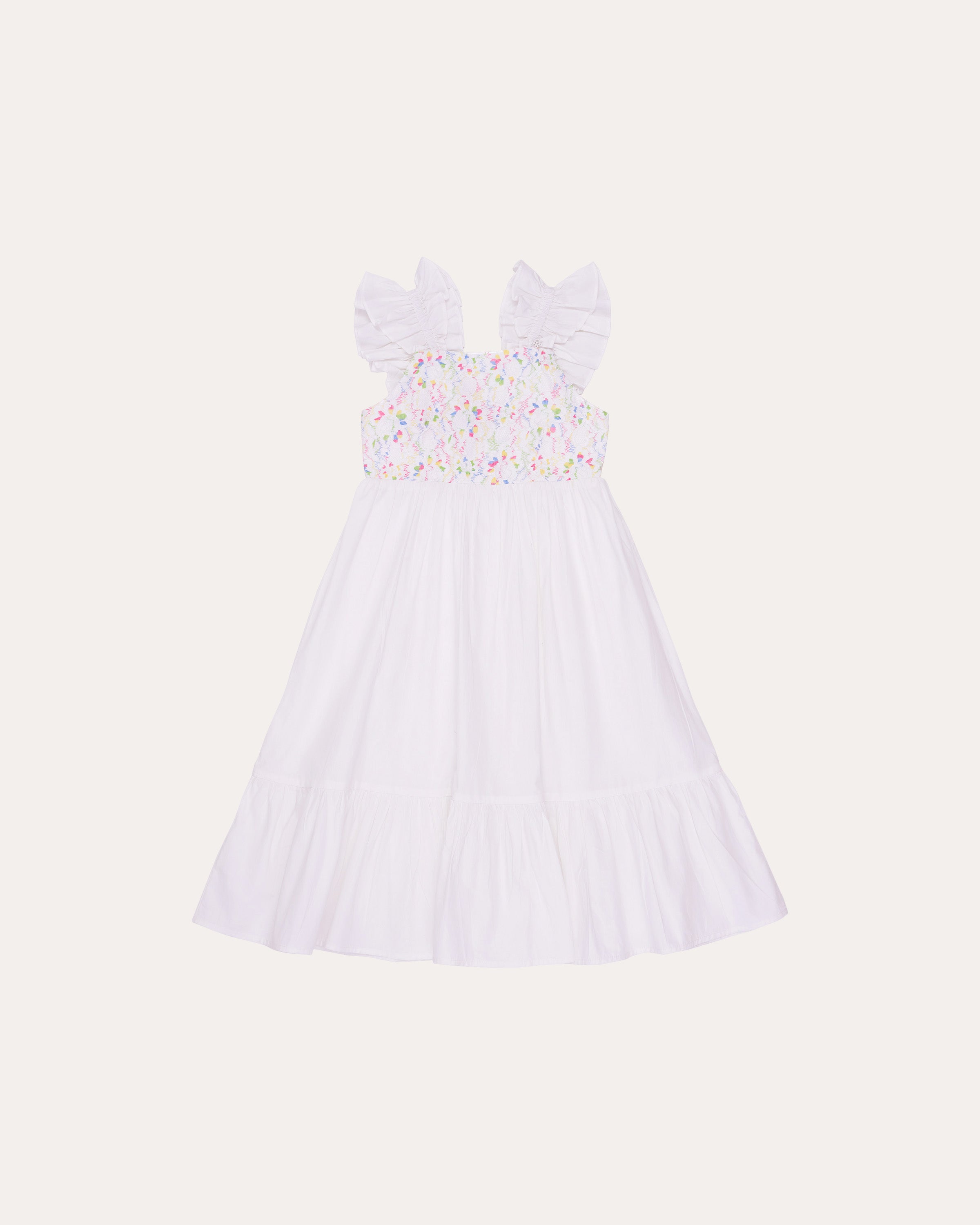 Vestido midi feminino infantil com alças em babados e estampa floral colorida