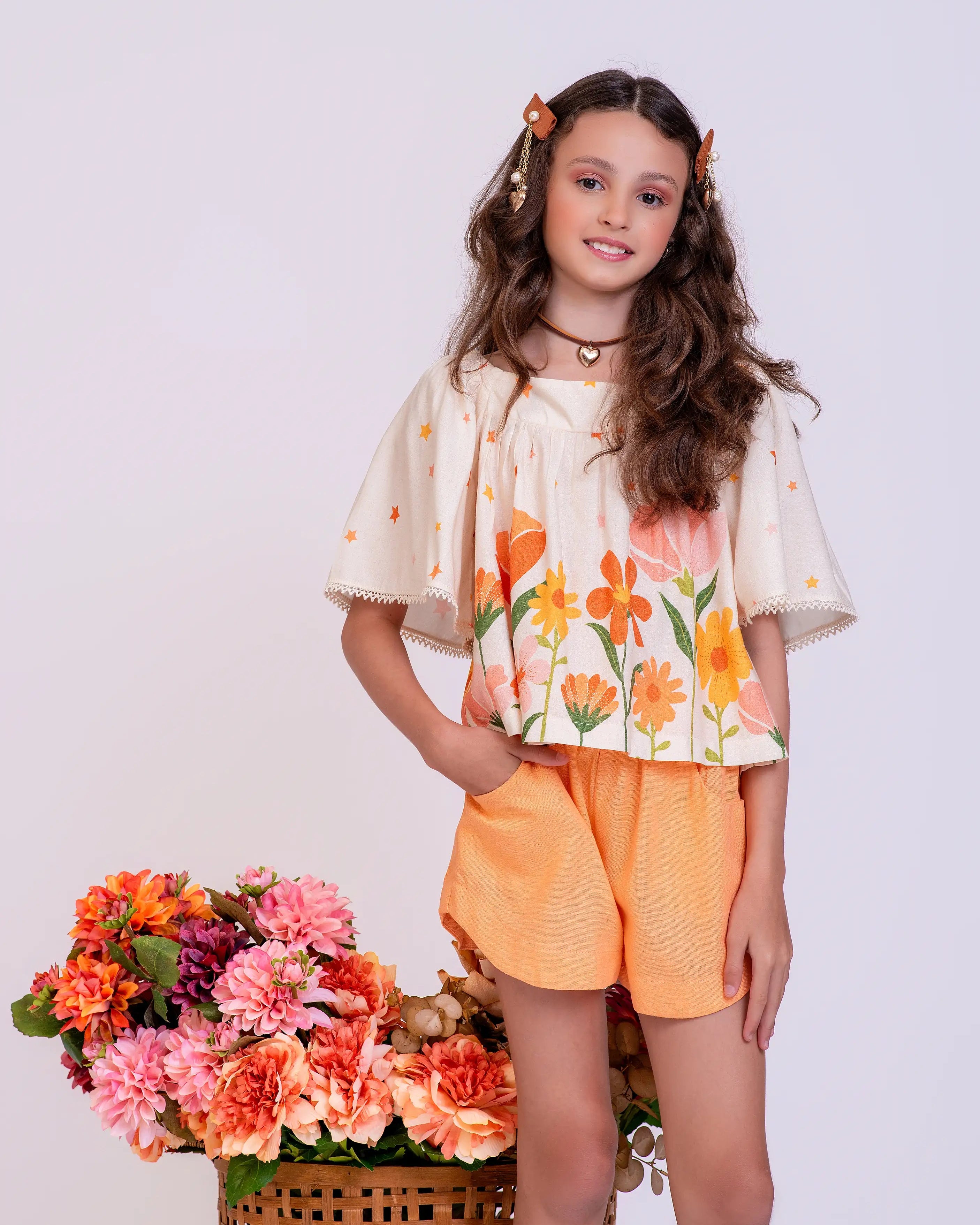 Conjunto com estampa floral Brilho Do Jardim infantil feminino Antonita para meninas de 4 a 16 anos