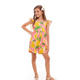 Macacão infantil feminino com estampa de peras em tons vibrantes e alças com ruffles