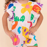 Romper infantil feminino com estampa colorida de formas geométricas e mangas bufantes