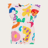 Romper infantil feminino com estampa colorida de formas geométricas e mangas bufantes