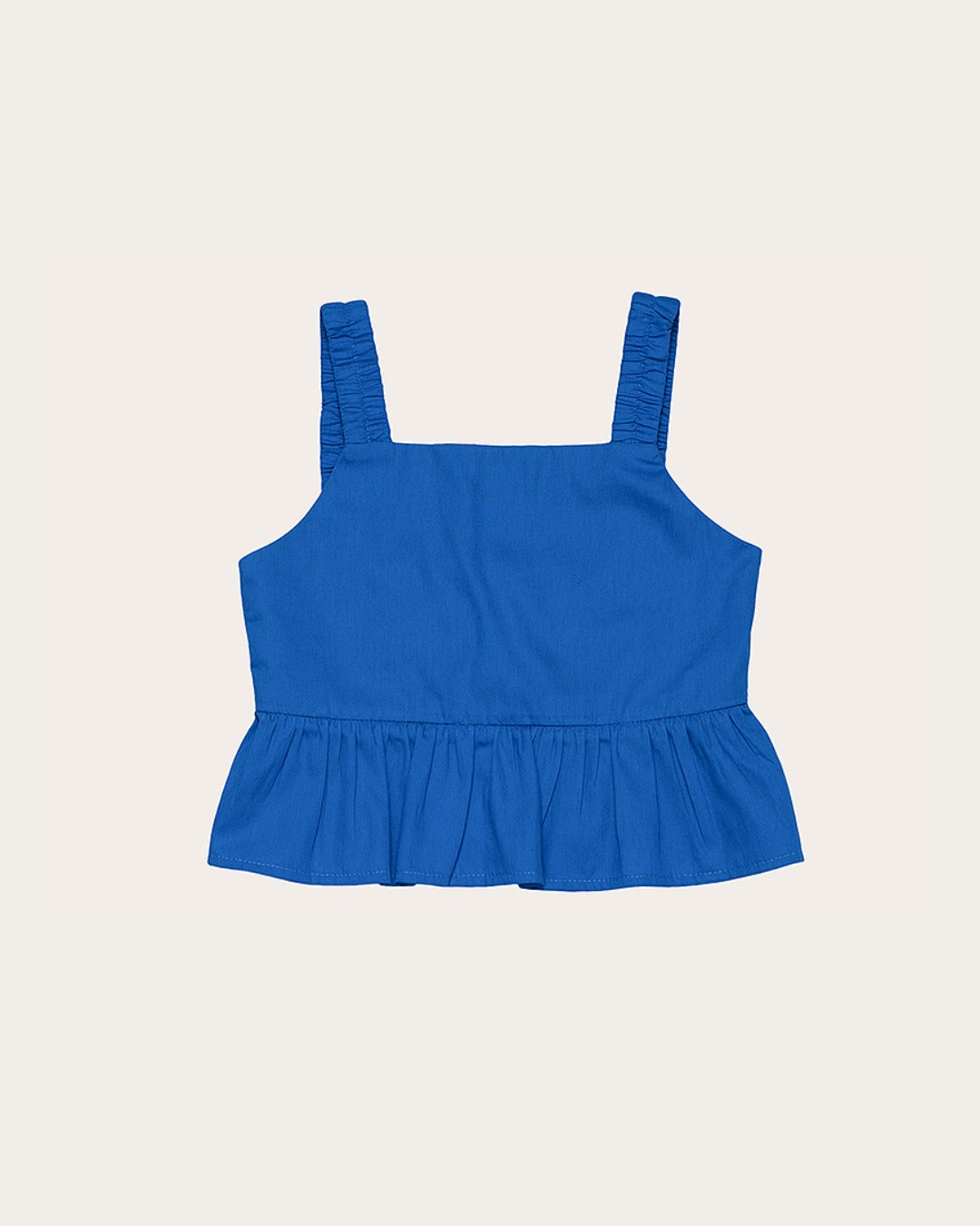 Conjunto infantil feminino azul com blusa de alças largas e saia-short com camadas