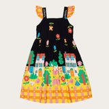 Vestido infantil com estampa de fazendinha, alças com babados e saia ampla