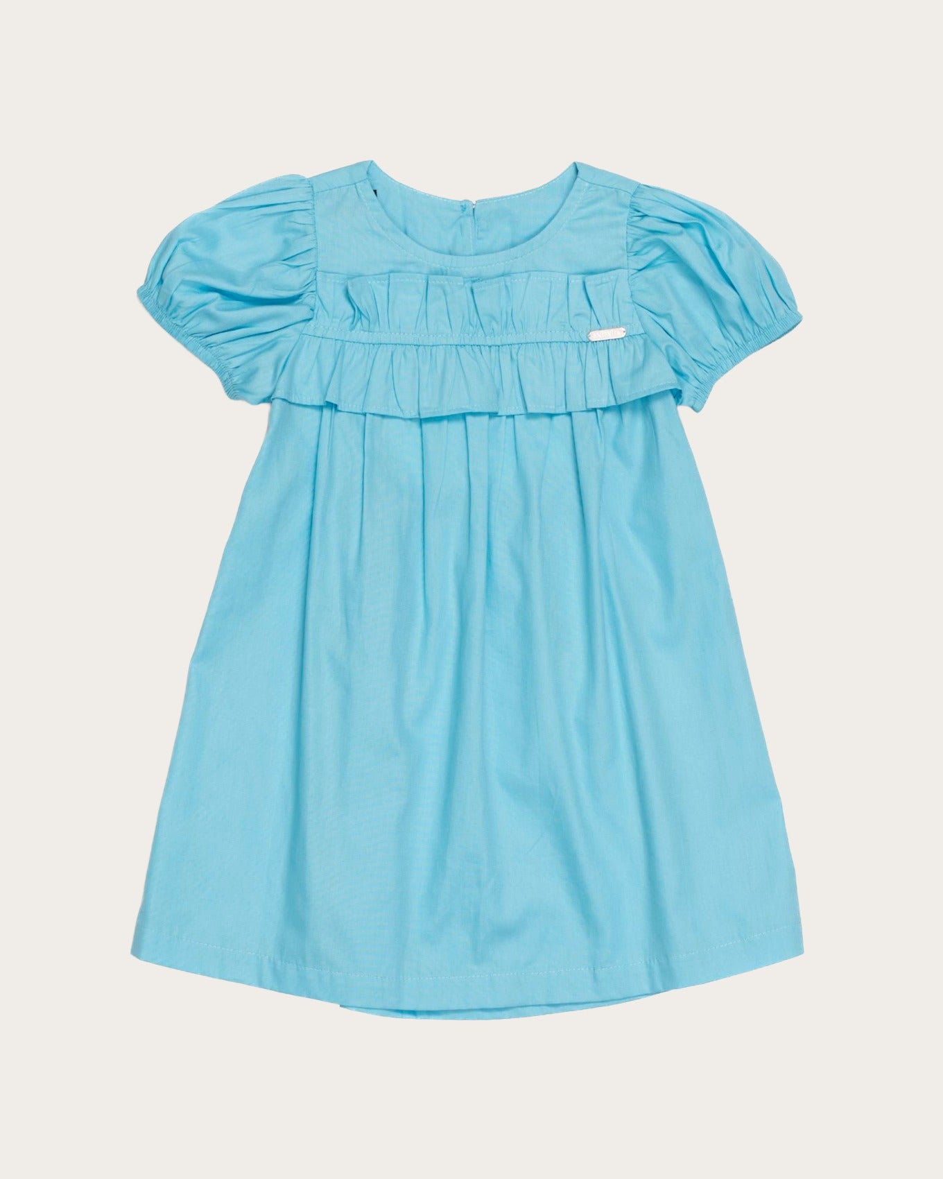 Vestido infantil azul com mangas bufantes e detalhe de franzido na frente
