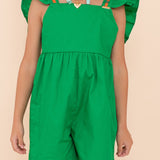 Macacao verde feminino infantil com alças largas e babados, ideal para meninas