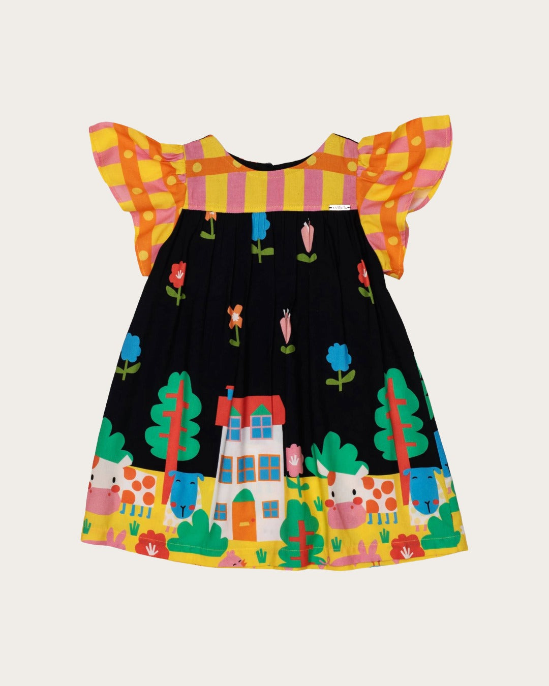Vestido infantil com estampa de casas e árvores, mangas bufantes, ideal para meninas de 0 a 3 anos