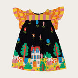 Vestido infantil com estampa de casas e árvores, mangas bufantes, ideal para meninas de 0 a 3 anos