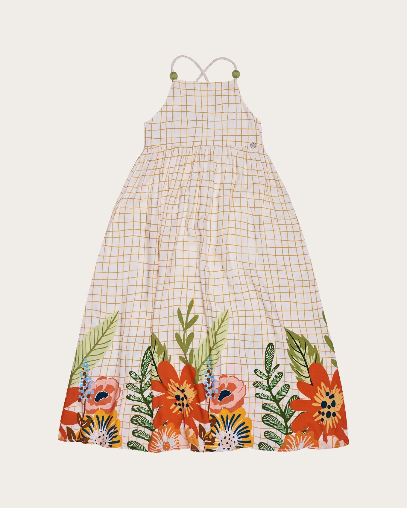 Vestido longo feminino infantil com estampa floral colorida e fundo xadrez