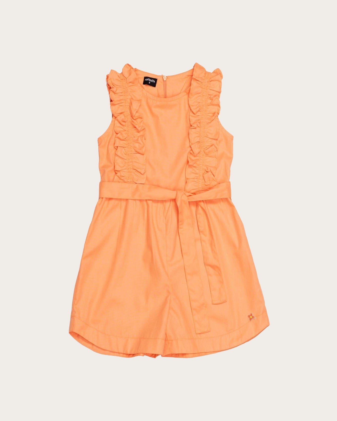 Macacão laranja feminino infantil com babados e amarração na cintura