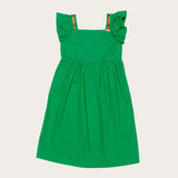 Vestido verde infantil com alças largas e detalhes coloridos, saia ampla