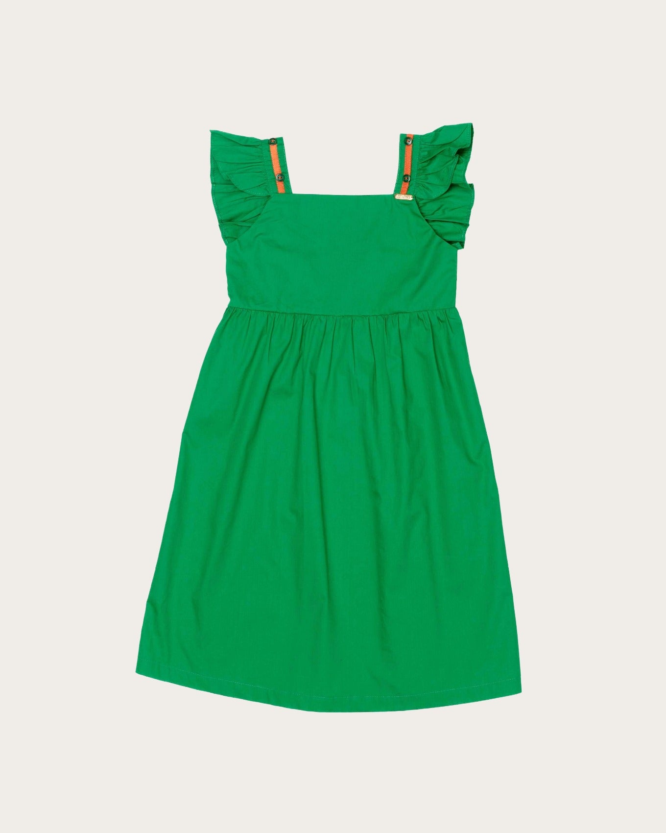 Vestido verde infantil com alças largas e detalhes coloridos, saia ampla