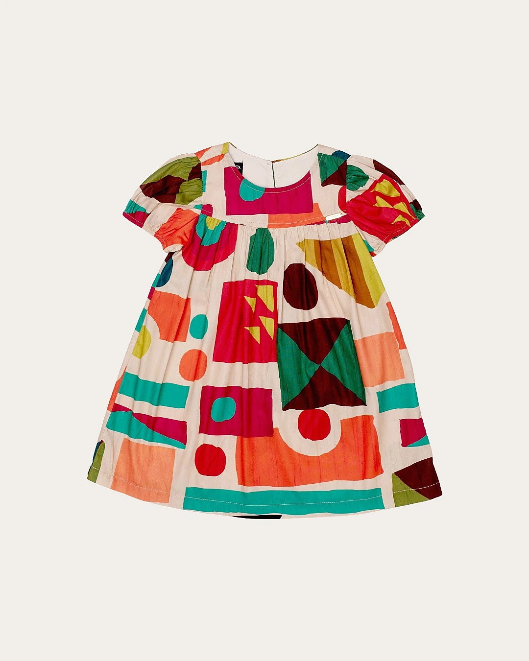 Vestido infantil com estampa geométrica colorida e mangas curtas, ideal para meninas de 0 a 3 anos