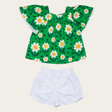 Conjunto infantil feminino com blusa verde de flores brancas e short branco