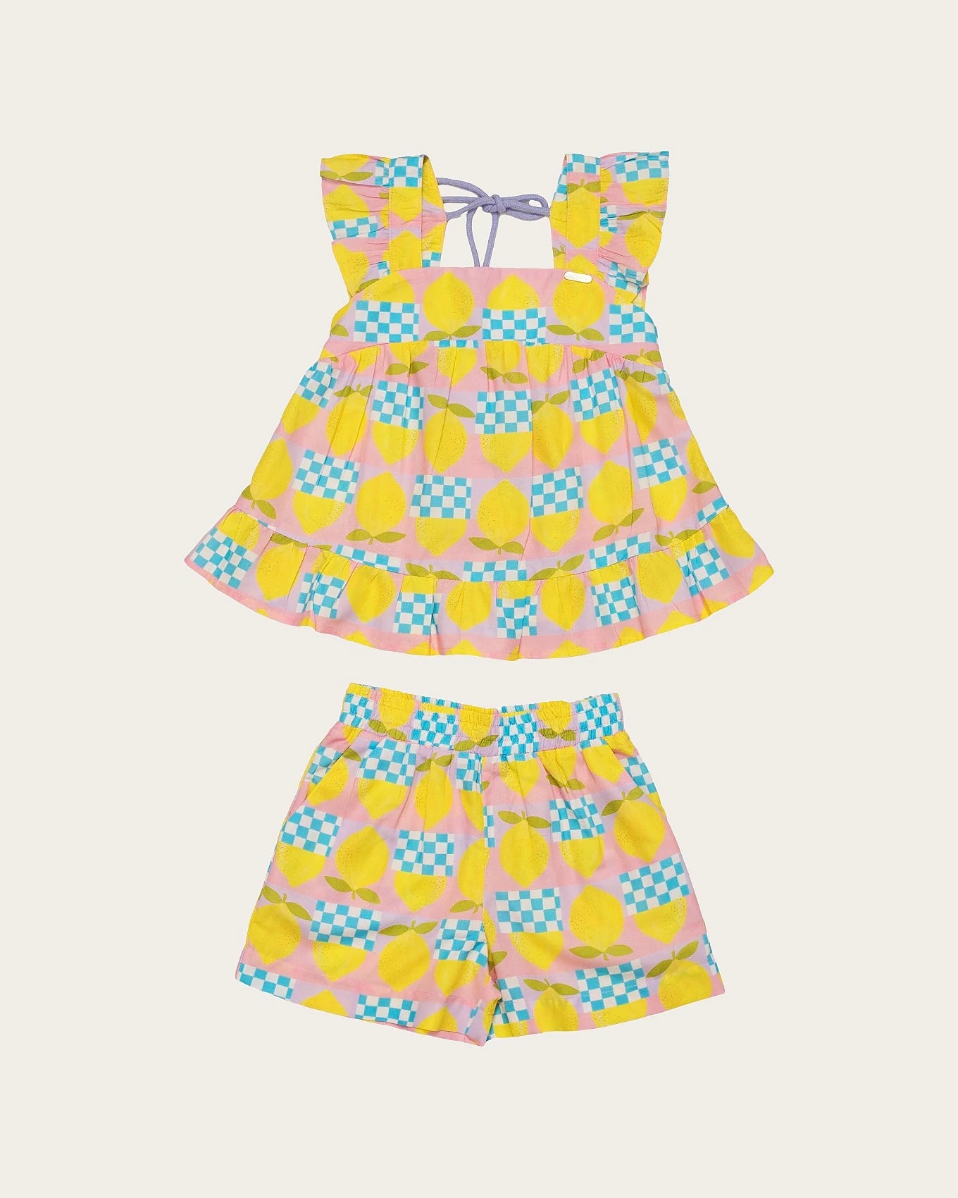 Conjunto infantil feminino com blusa de alças largas e short, estampa geométrica em amarelo e rosa