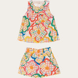 Conjunto infantil feminino estampado com formas de flor e xadrez