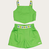 Conjunto feminino infantil verde com blusa de alças largas e short leve
