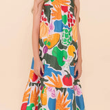 Vestido midi feminino infantil com estampa colorida de frutas e folhas, alças largas e saia rodada