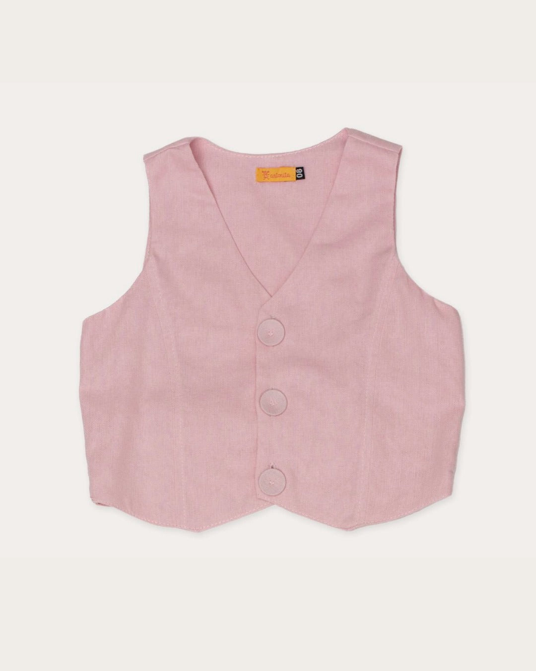 Conjunto feminino infantil com colete e calças largas, detalhe de botões no colete