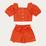 Conjunto feminino infantil coral com blusa de babados e short leve