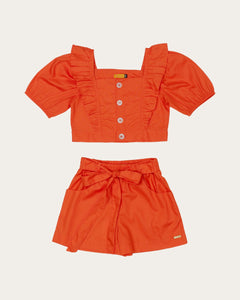 Conjunto feminino infantil coral com blusa de babados e short leve