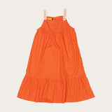 Vestido coral infantil com alças largas e saia solta, detalhes em trançado