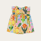 Conjunto infantil feminino com blusa de alças largas e saia, estampa floral colorida