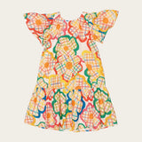 Vestido infantil com estampa de flores coloridas e xadrez, mangas bufantes e saia rodada