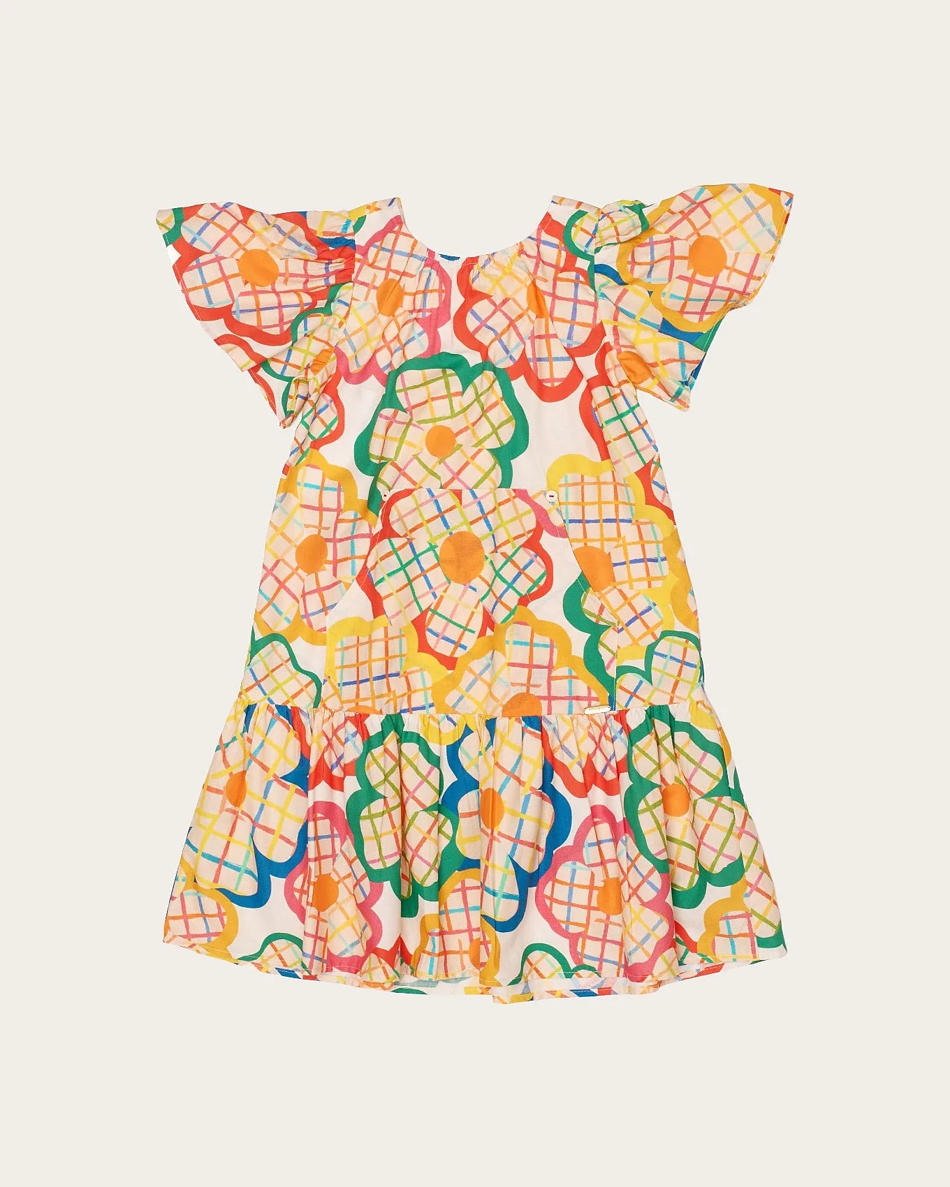 Vestido infantil com estampa de flores coloridas e xadrez, mangas bufantes e saia rodada