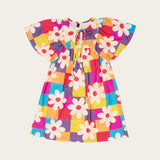 Vestido infantil com estampa floral colorida e mangas bufantes, ideal para meninas