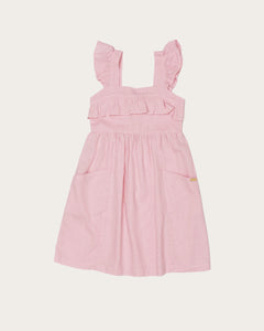 Vestido infantil com alças largas, saia solta e detalhes franzidos