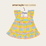 Conjunto infantil feminino com blusa de alças largas e short, estampa geométrica em amarelo e rosa