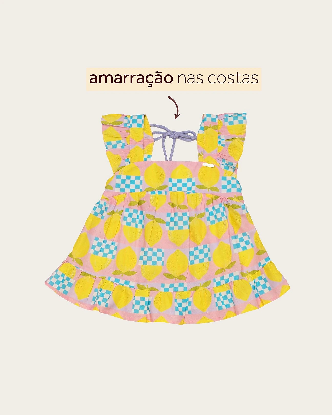 Conjunto infantil feminino com blusa de alças largas e short, estampa geométrica em amarelo e rosa