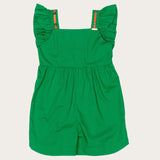 Macacao verde feminino infantil com alças largas e babados, ideal para meninas